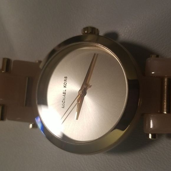 Women's Michael Kors Stainless Steel Pink Resin & Goldtone Link Bracelet Band - Picture 2 of 11